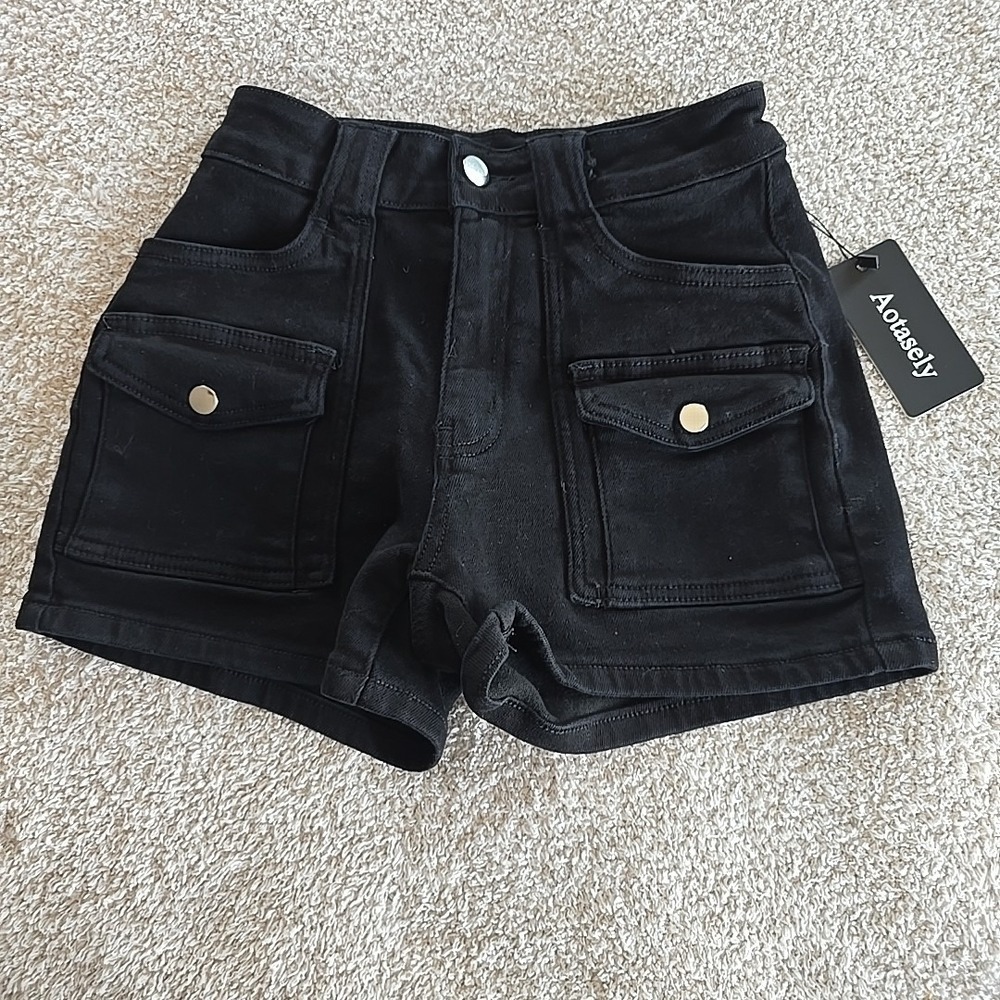 Aotasely Stretch Jean Shorts Mid Waisted Juniors XS Black Denim NWT‎ Festival